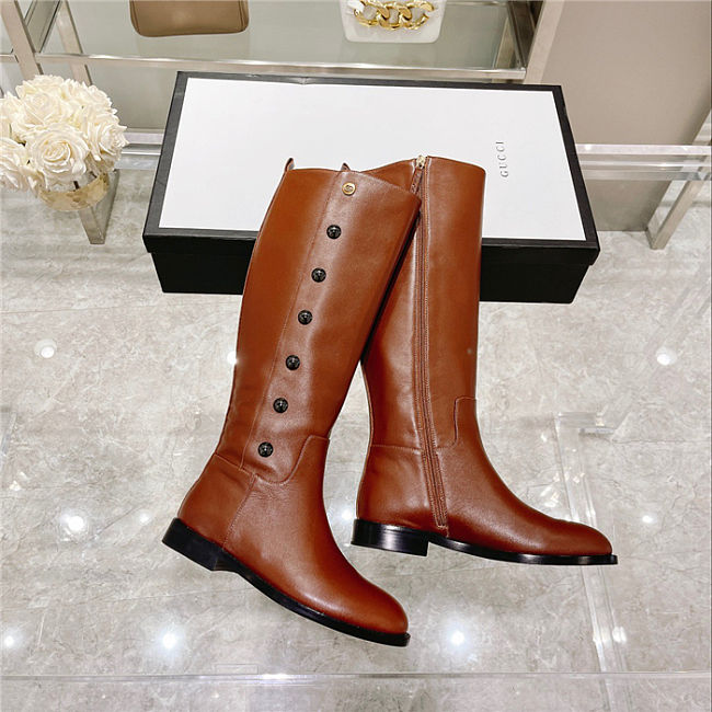 GUCCI Calfskin Buttons Lifford Knee High Boots Brown - 1