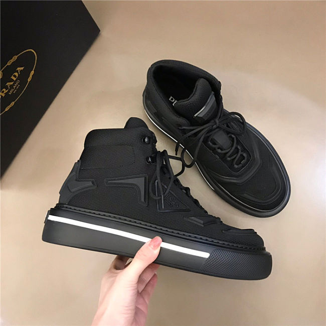 Prada Macro Re-Nylon and brushed leather high-top sneakers - Black - 1