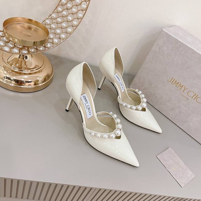 Latte Patent Leather Pointed Pumps with Pearl Embellishment AURELIE85XKM - 1