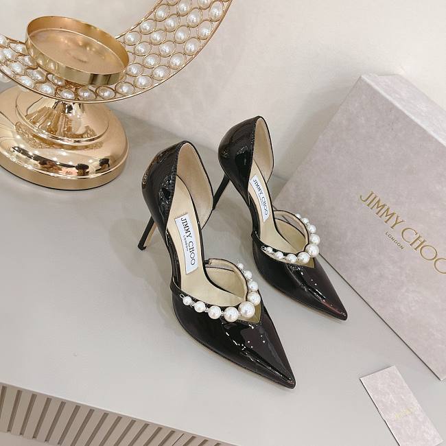 Black Patent Leather Pointed Pumps with Pearl Embellishment  - 1