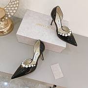 Black Patent Leather Pointed Pumps with Pearl Embellishment  - 4