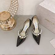 Black Patent Leather Pointed Pumps with Pearl Embellishment  - 3