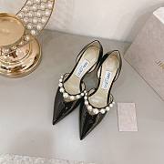 Black Patent Leather Pointed Pumps with Pearl Embellishment  - 2