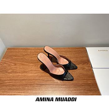 Amina Muaddi Black Snake Skin Sling Heels