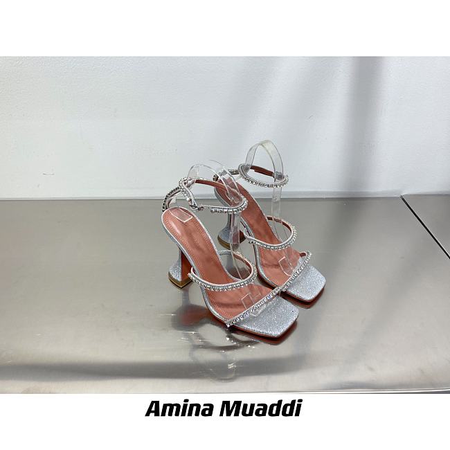 Amina Muaddi Gilda Sandal Dust Blue Patent & Candy Rainbow Crystal - 1