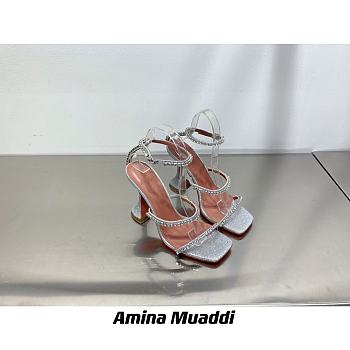 Amina Muaddi Gilda Sandal Dust Blue Patent & Candy Rainbow Crystal