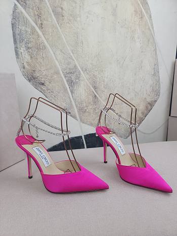 Jimmy Choo Saeda 100 Fuchsia Satin Pink Pumps with Crystal Embellishment