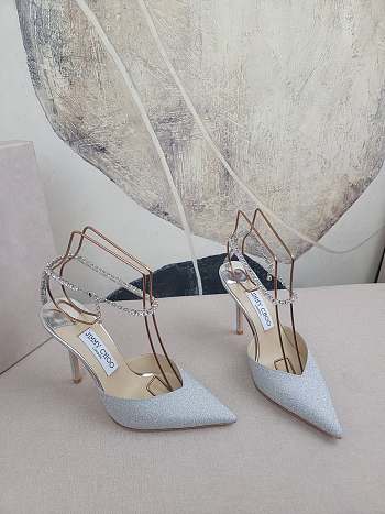 Jimmy Choo Saeda 100 Platinum Ice Dusty Glitter Pumps with Crystal Embellishment