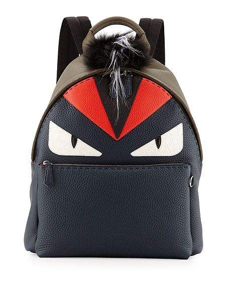 FENDI Selleria Monster & Fur Leather Backpack Blue/Khaki - 1