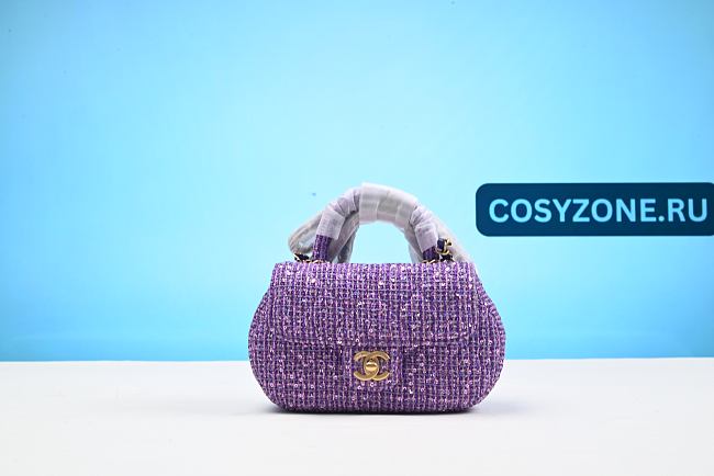 Chanel Mini Sequin Flap Bag with Top Handle Purple Tweed Antique Gold Hardware - 1